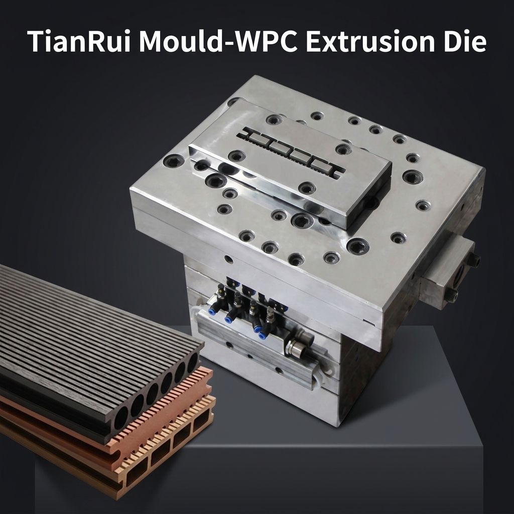 WPC extrusion die with finished decking profiles, from the factory's Alibaba store